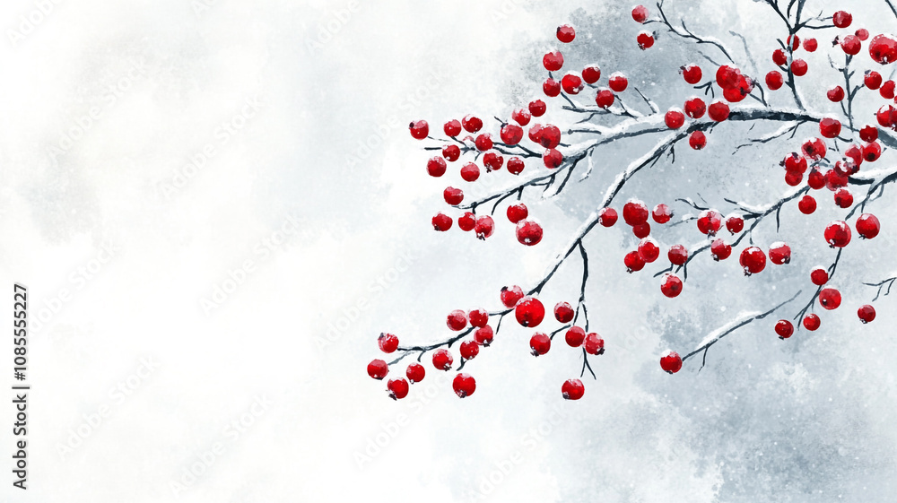 Poster winter branch with vibrant red berries against a soft gray background in a serene setting