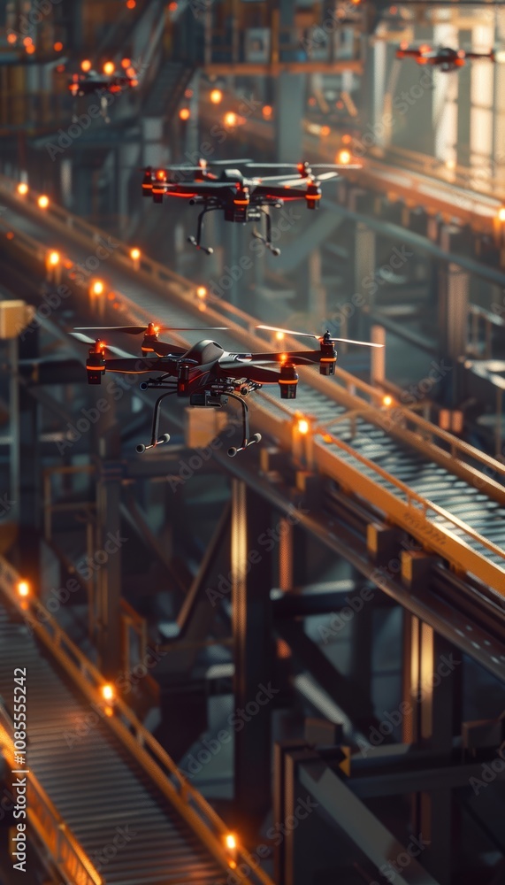 Poster modern warehouse automation with drones and conveyor systems for efficient goods management