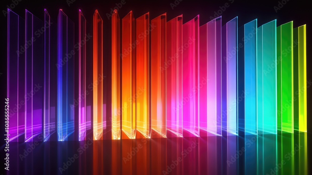 Poster vibrant color spectrum with transparent panels displaying a smooth transition of rainbow hues agains