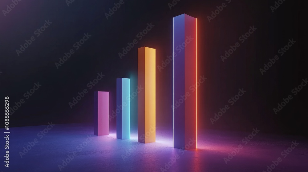 Poster abstract representation of data growth: colorful neon bars with a dark background symbolizing increa