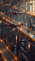 Naklejka premium Modern Warehouse Automation with Drones and Conveyor Systems for Efficient Goods Management