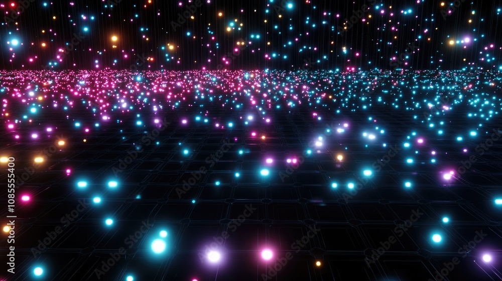 Poster vibrant cosmic field with colorful glowing orbs and sparkles creating a futuristic digital atmospher