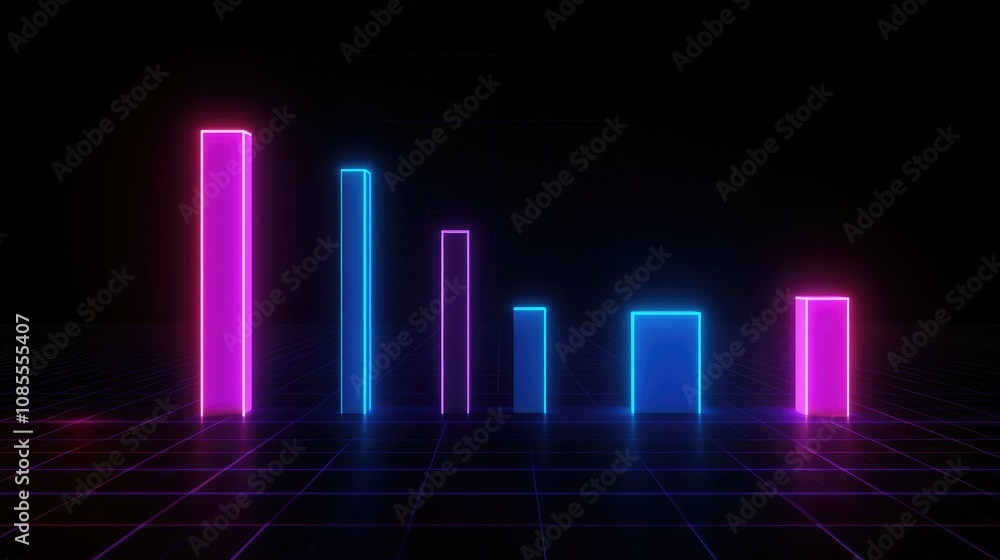 Poster neon light bars in a dark digital environment representing modern data visualization and trend analy