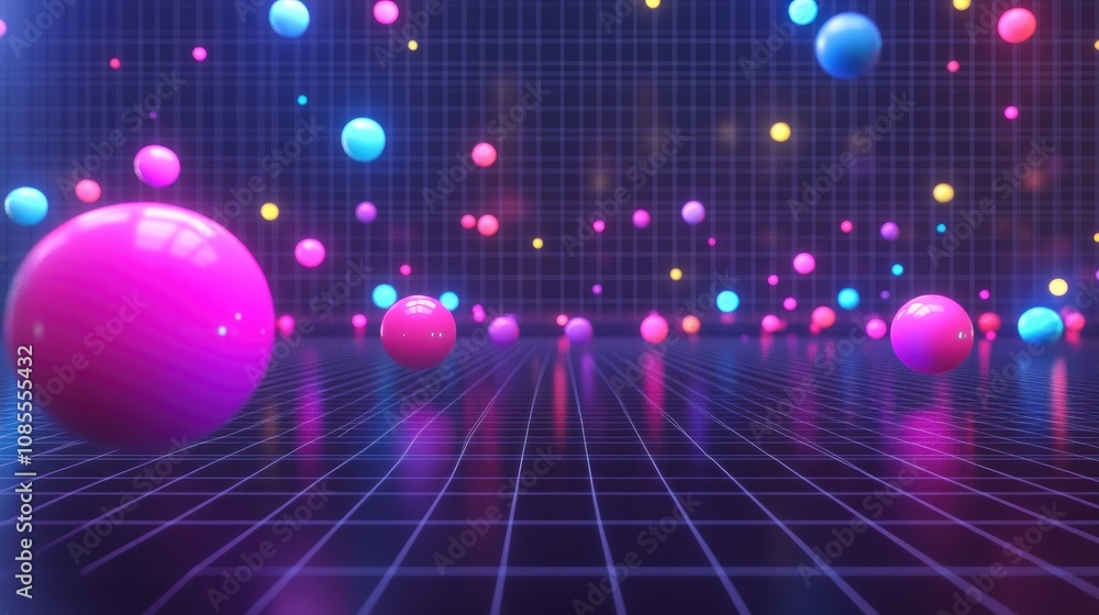 Poster abstract colorful spheres floating in a vibrant digital space, with glowing neon lights reflecting o