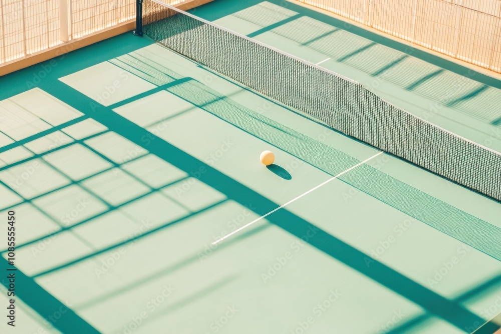 Poster a ping pong table with a white ball in the middle of the court. the table is green and the net is bl