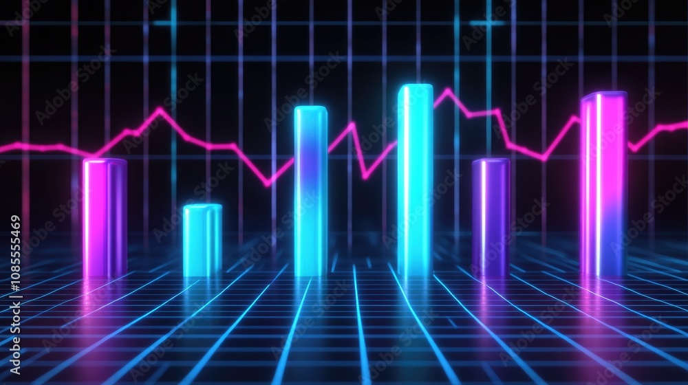 Poster vibrant and dynamic data visualization in neon colors with bar graphs and line graphs against a futu