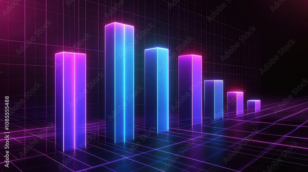 Poster vibrant neon data visualization with glowing bar graphs in a modern digital style for business and t