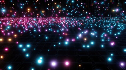 Obraz premium Vibrant Cosmic Field with Colorful Glowing Orbs and Sparkles Creating a Futuristic Digital Atmosphere in a Dynamic Abstract Background