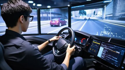 An Asian man is driving in a virtual reality simulator.