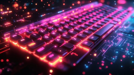 Fototapeta premium Futuristic keyboard with neon lighting effects.
