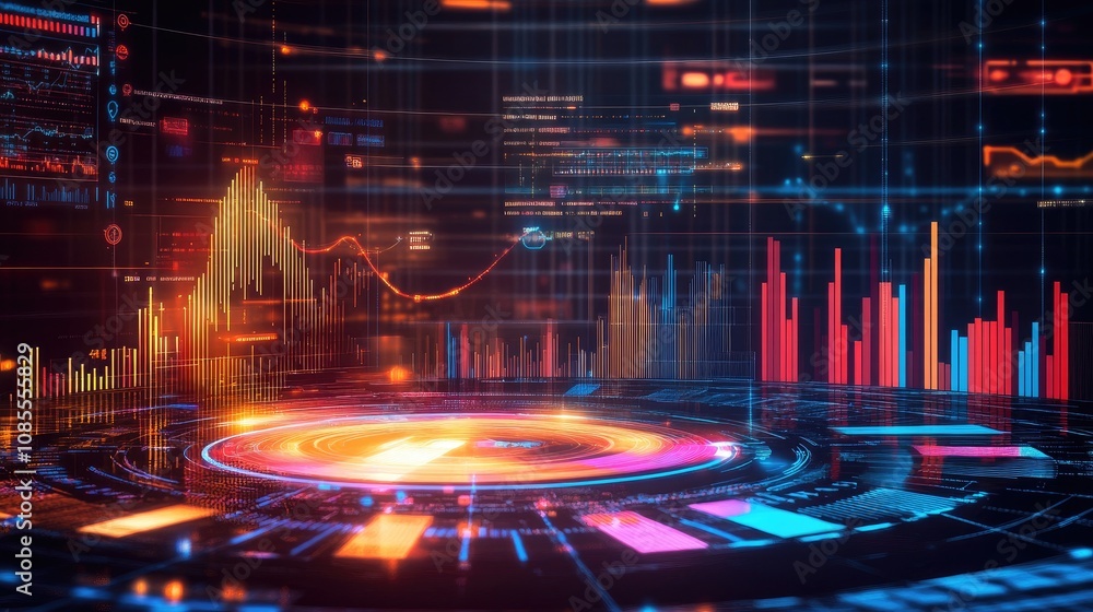 Poster futuristic data visualization with vibrant colors featuring graphs and charts in modern digital inte