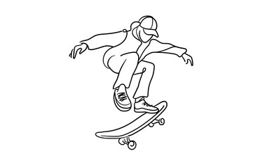 Fototapeta premium Young cool skateboarder skating in cap, continuous line art drawing isolated on white background. Extreme teenager sport. Vector illustration