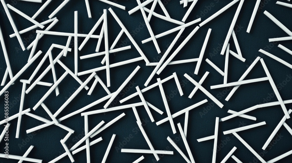 Poster abstract composition of randomly dispersed white straws on a dark background creating a unique and m