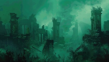 Ruins of a Forgotten City Submerged in a Green Mist