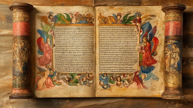 Ancient Hebrew Scroll of Jubilees with Colorful Illustrations