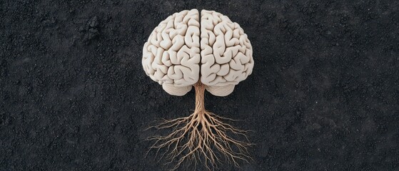 Human Brain Roots Growing from Dark Soil