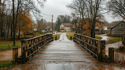 Obraz premium Old Wooden Bridge in Historic Small Town