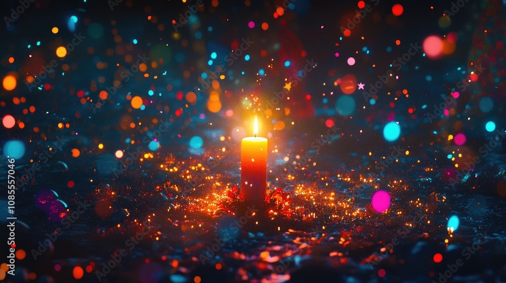 Poster illuminated candle surrounded by colorful sparkles and glittering lights creating a magical and drea