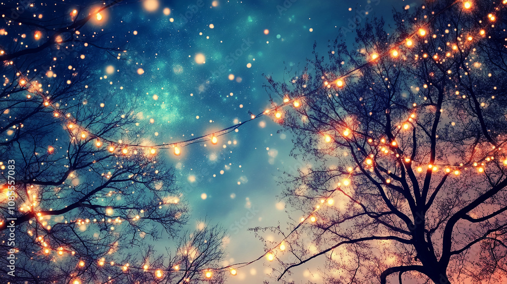 Poster string lights illuminate bare branches against a snowy, twilight sky