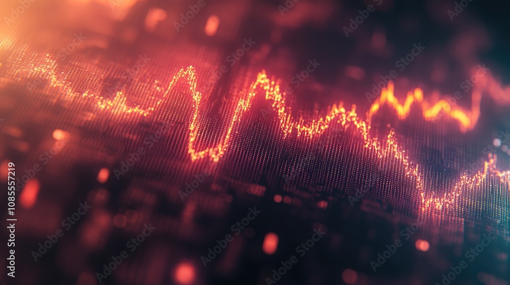 Poster abstract digital visualization of financial market trends showing vibrant fluctuations with glowing 