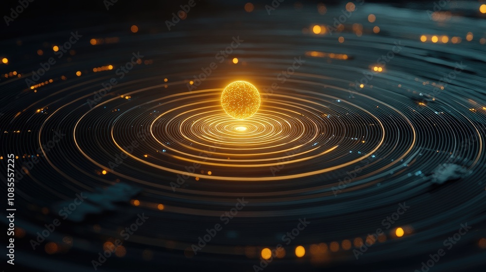 Poster futuristic concept of energy waves radiating from a central sphere in a dark space environment featu