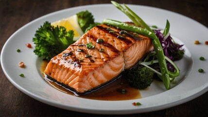 Grilled salmon fillet served with fresh vegetables and lemon wedge on a white plate in an upscale restaurant setting
