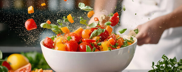 Freshness quality and aroma concept. Fresh vegetables and herbs tossed in bowl for vibrant salad