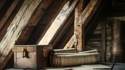 Dusty Attic Treasure Chest with Ancient Scrolls