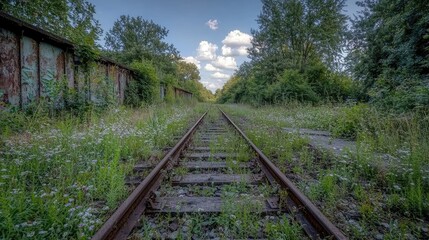 Obraz premium Abandoned Railway Track Overgrown with Grass