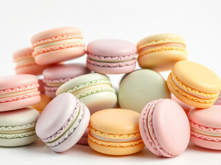 Obraz premium Colorful macarons arranged beautifully on a white surface, showcasing a variety of pastel shades and delicate designs for a delightful treat