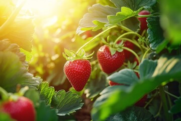 Strawberry. Big ripe Strawberries cluster. Blurred green plantation background. Red sweet berries...