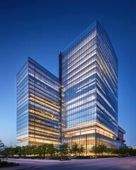 Obraz premium tall office buildings with glass facades, illuminated by lights inside. The sky is clear blue