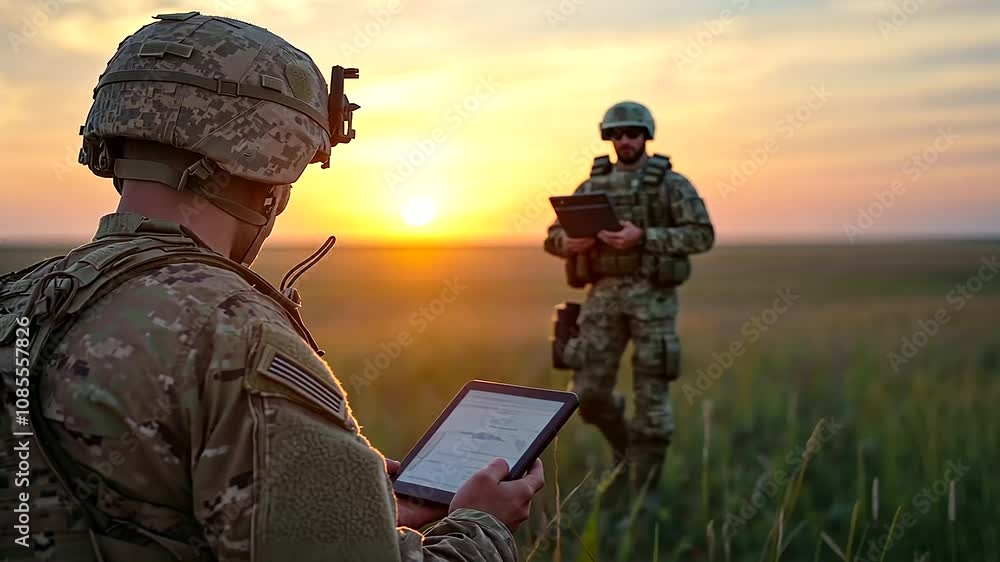 Poster as the sun sets behind a remote outpost, soldiers monitor border activity on a tablet with the starl