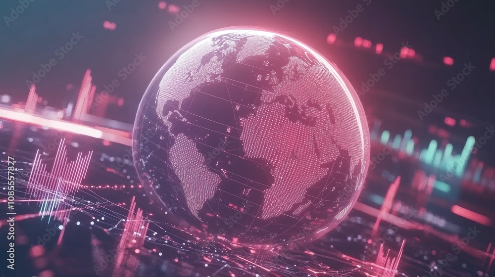 Poster futuristic digital globe with global data connections and technology elements in pink and purple col