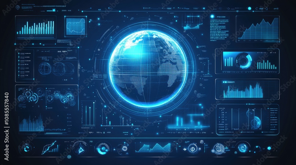 Poster high-tech digital global map with data visualization features showcasing graphs and charts in a futu
