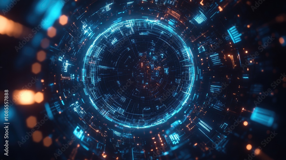 Poster futuristic digital interface with glowing circuits and abstract patterns in blue and orange tones, r