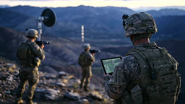 At a border outpost perched in a rocky landscape, soldiers monitor live surveillance on a tablet, while the Starlink antenna transmits vital satellite data from high above.