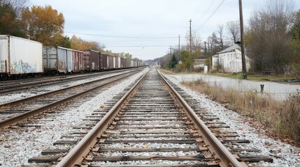 Obraz premium Industrial Rail Track with Warehouses and Freight Cars