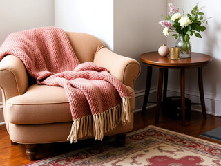 Cozy living room corner featuring a soft blanket draped over a chair and a flower vase on a side table