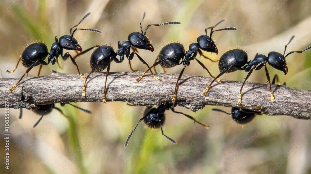 Poster close-up view of black ants marching in a line on a branch highlighting their coordination and movem