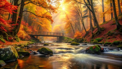 Naklejka premium Golden Sunlight Illuminates a Serene Forest Stream with a Wooden Bridge, Surrounded by Lush Greenery and Vibrant Autumn Foliage