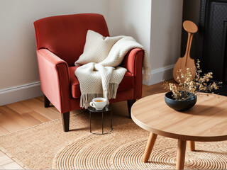 Cozy living room corner with a red armchair, warm blanket, coffee cup, and wooden table
