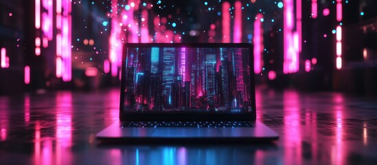 Laptop displaying a vibrant cityscape in neon lights.