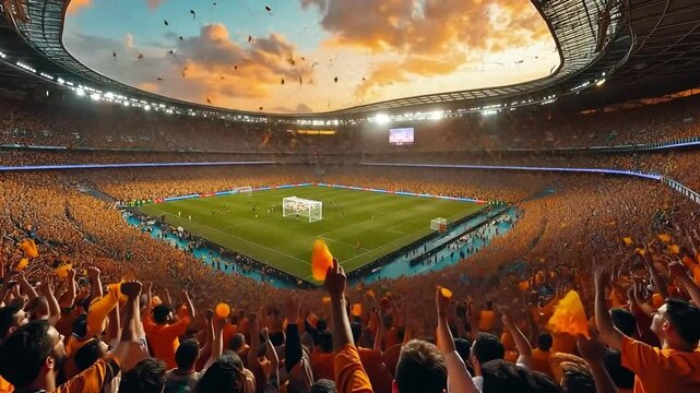 A stadium full of people cheering for a soccer game