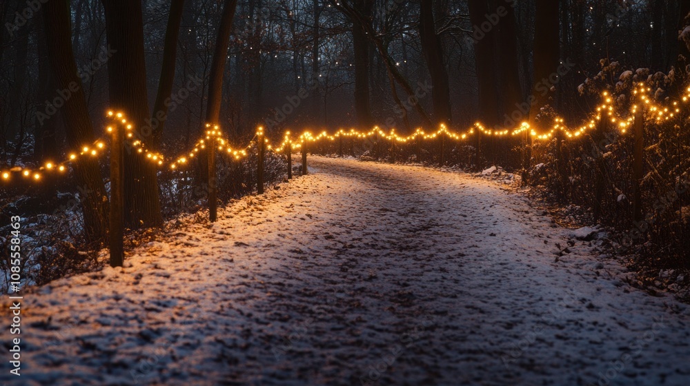 Poster A path is lit up with lights and snow