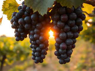 Fototapeta premium Ripe bunches of dark purple grapes hanging on vine during sunset in a picturesque vineyard landscape