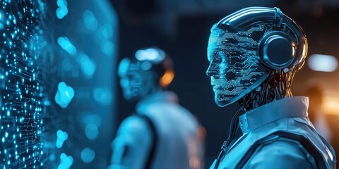 Fototapeta na wymiar Medical AI treatment biometrics concept. Futuristic robots interact with a digital interface, showcasing advanced technology and artificial intelligence in a sleek, sci-fi environment.