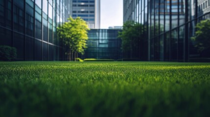 Green lawn stretching across the foreground with a modern glass office structure in the background, bright and serene.
