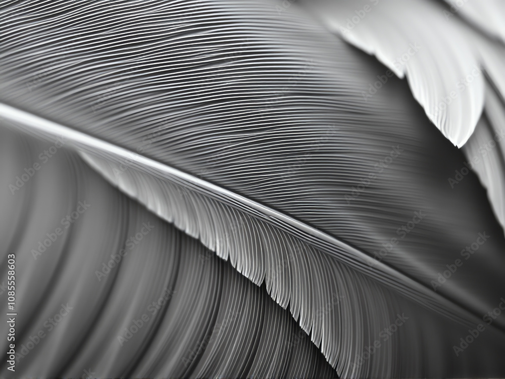 Poster close-up view of delicate feathers showcasing intricate textures and patterns in monochrome tones, h