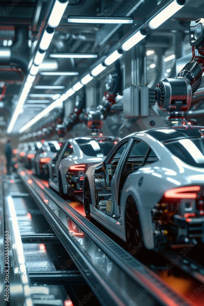 Poster futuristic electric vehicle assembly line with advanced robotics for efficient manufacturing